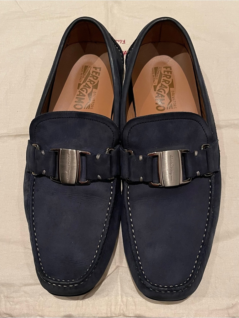 Salvatore Ferragamo Navy Suede Metal Bit Loafers